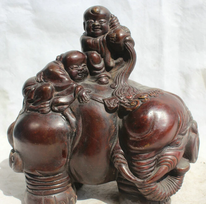 

JP S62 10" Chinese Purple Bronze Feng Shui Tong Zi Boy ride elephant Statue sculpture