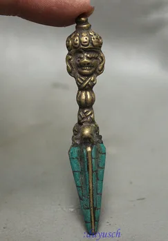 

christmas Tibet Buddhism Bronze Turquoise Mahakala Buddha Head Statue Phurba Dagger Holder halloween