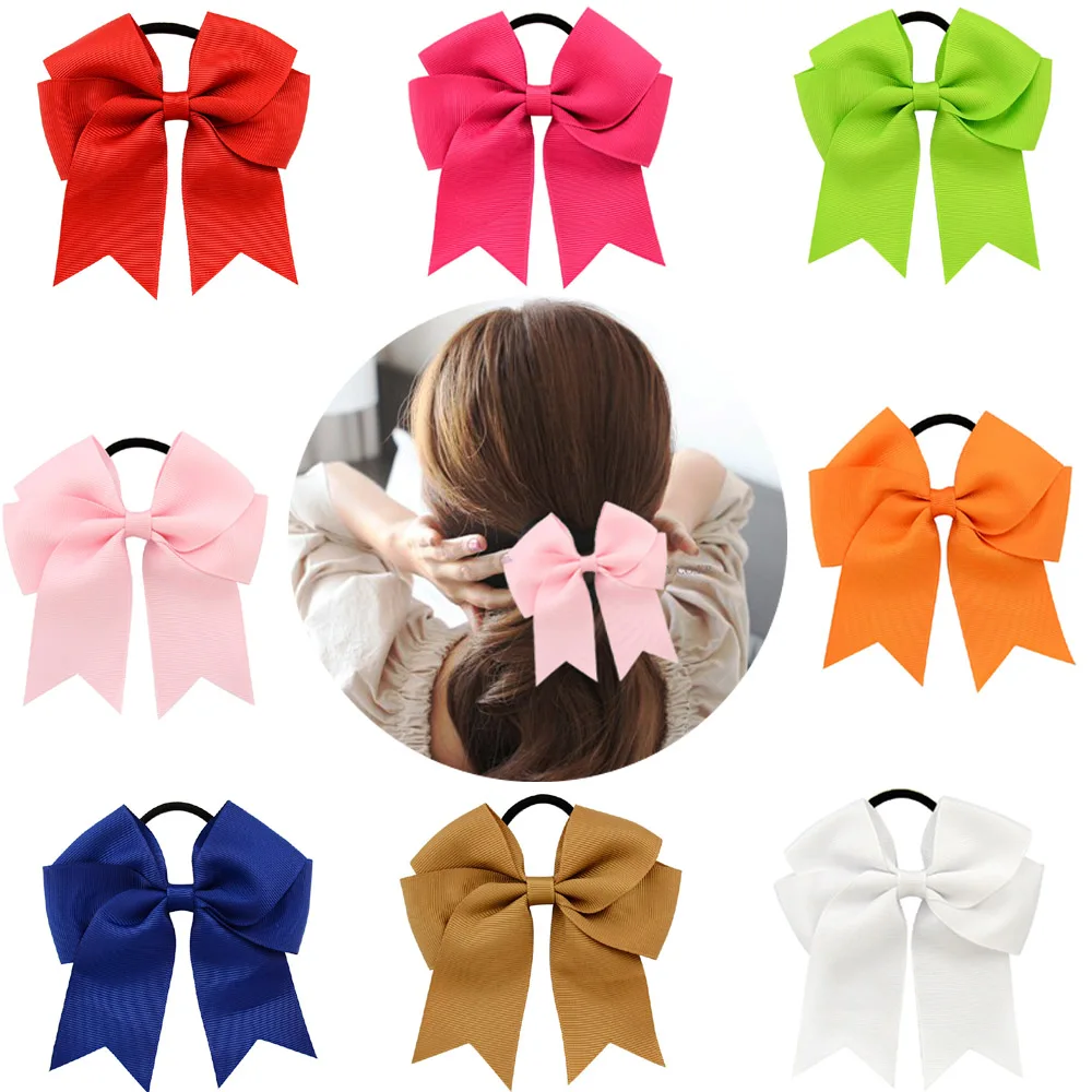Women Girl School Uniform Navy Blue Satin Bow Ribbon Elastic Hair band Headband