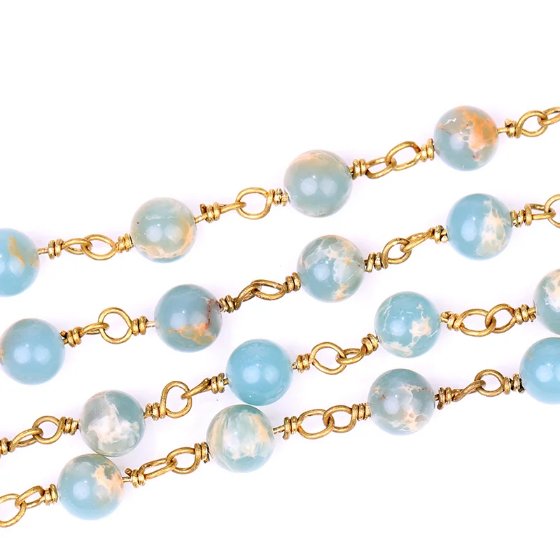 

HanKun Handmade 6mm Light Blue Round Sea Sediment With Brass Wire Wrapped Rosary Chain -Making Jewelry-Stone Bead Chain Necklace