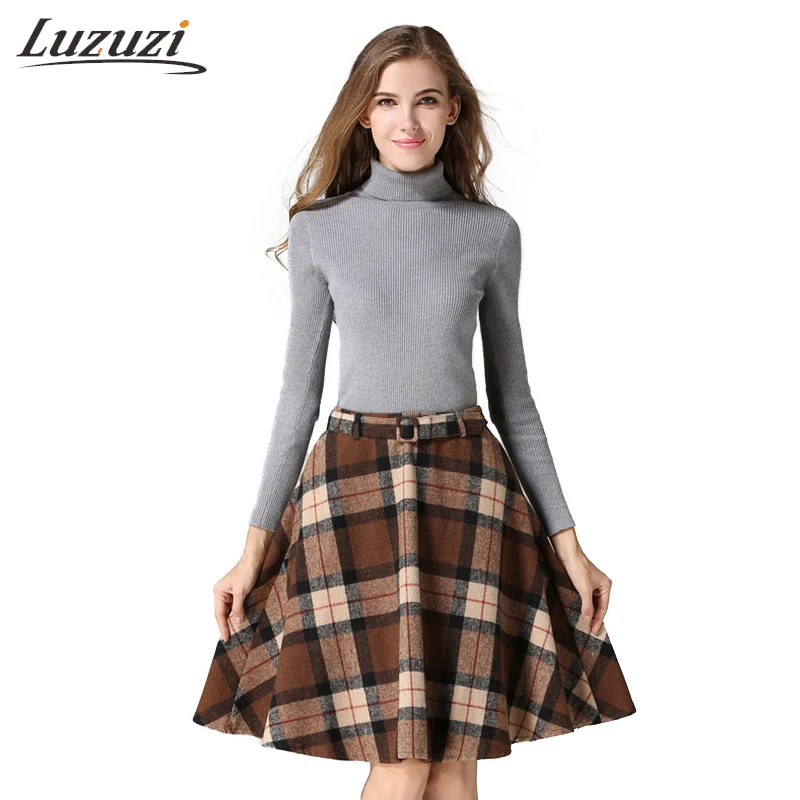 Winter Skirts Womens Plaid Ball Gown Sashes Skirts England Style Knee