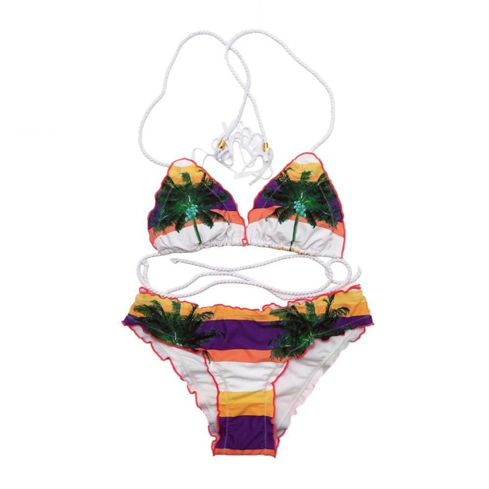 

Women Triangle Sexy Bikini Set Adults Split Swimsuit Bathing Gift Polyester Stripe Printed Strap Beach Summer Padded Bra