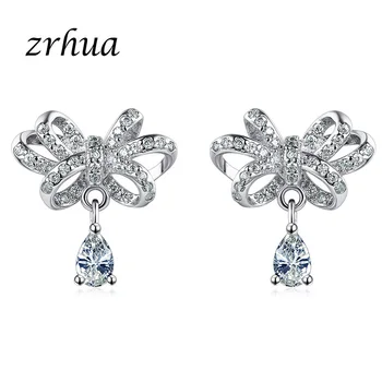 

ZRHUA Pure 925 Sterling Silver Earrings Mosaic CZ Zircon Drop Earrings For Women Elegant Bowknot Dangle Earring Engagement Gift