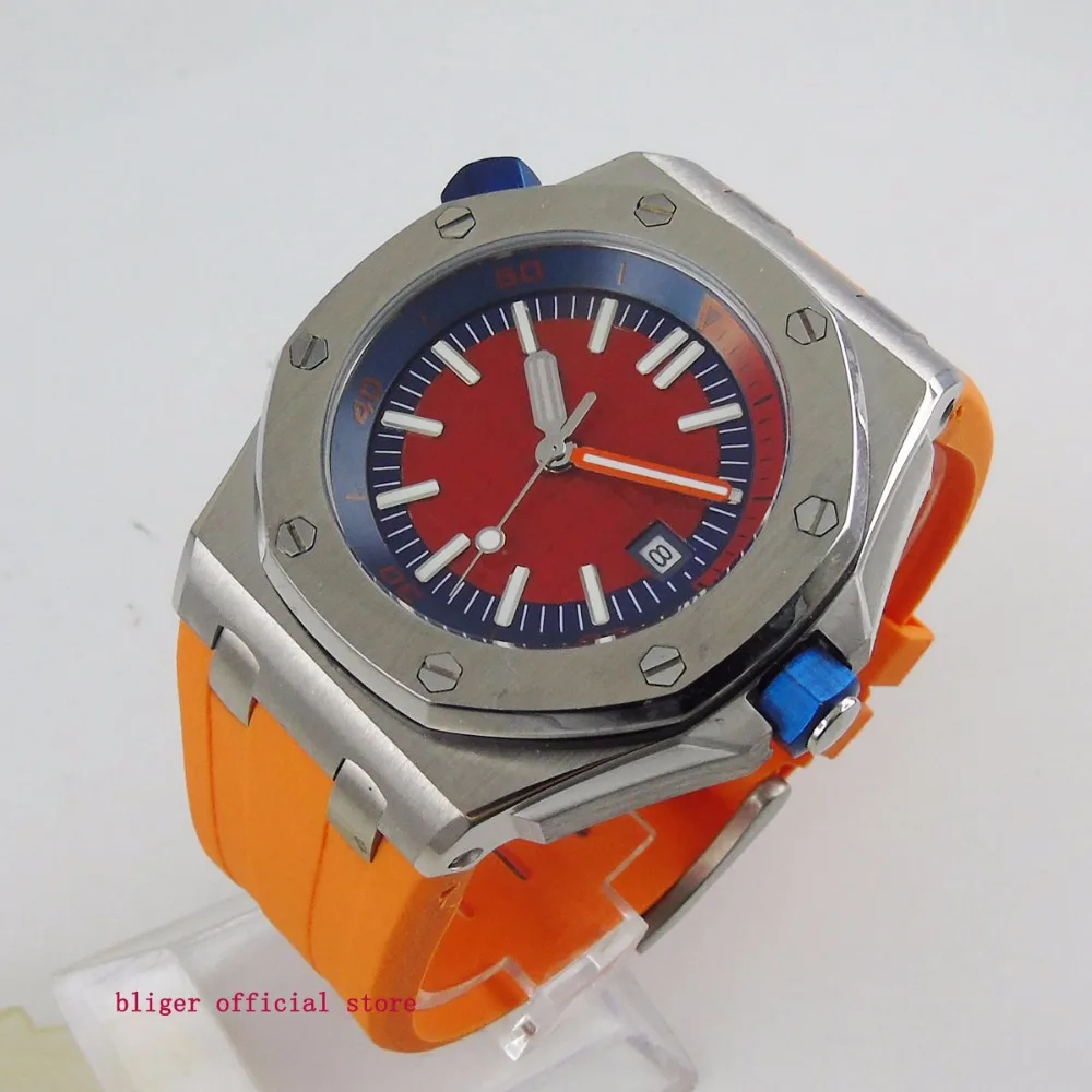

Sport Style Fashional 43mm Red Dial Big Face Men's Watch Automatic Movement Multifuntion Wristwatch Rubber Strap