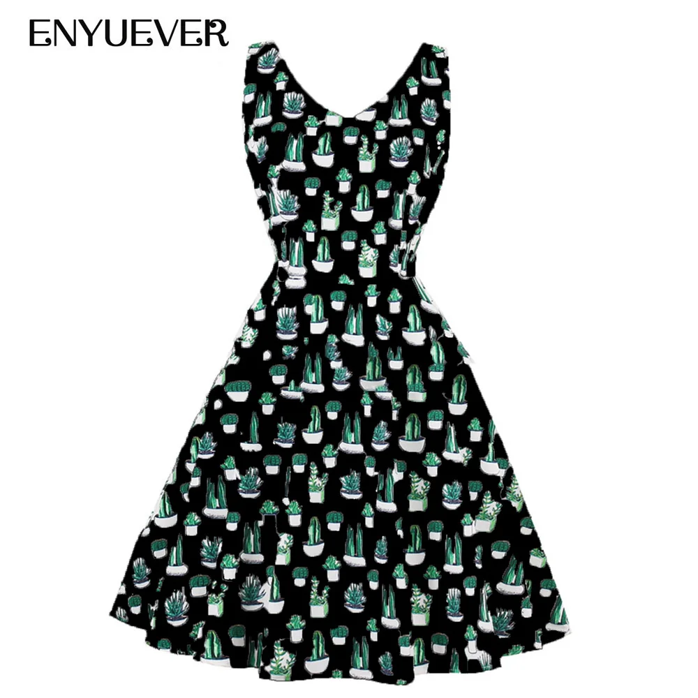 

Enyuever Cactus Print Summer Dress Plus Size Women Casual Clothing V Neck Robe Pin Up Vestidos Vintage Rockabilly Dress Sundress