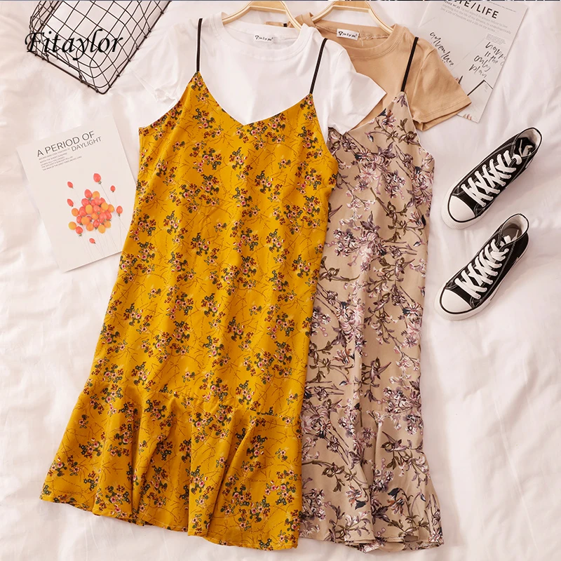 

Fitaylor Fashion Women Summer V-Neck Sleeveless Printing Sling Dress Sleeveless Style Waist Vintage sweet Lotus leaf edge Dress