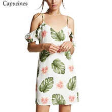 2018 Verão Sexy Impresso Ruffles Strap Vestido de Praia Boêmio das Mulheres Sem Encosto Com Decote Em V Mini Vestido Vestidos de Festa Vestidos
