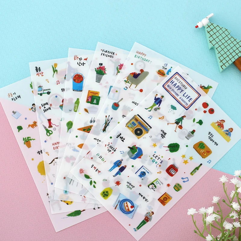 

6 Sheet/lot Daily Life Cute Stationery Travel PVC Kawaii Stickers Planner Diary Sticky Sticker Papelaria Scrapbook Decor