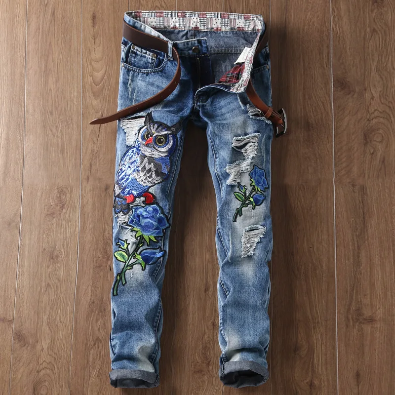 2017 New Designer Embroidery Ripped Jeans Men Distressed Light Blue ...