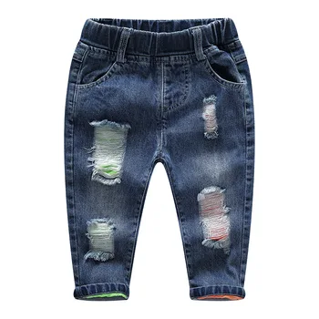 

Children Jeans Hole Baby Boys Denim Pants Denim Trousers Free Shipping New Elastic Waist Cotton Sanicebeen Straight Solid Medium