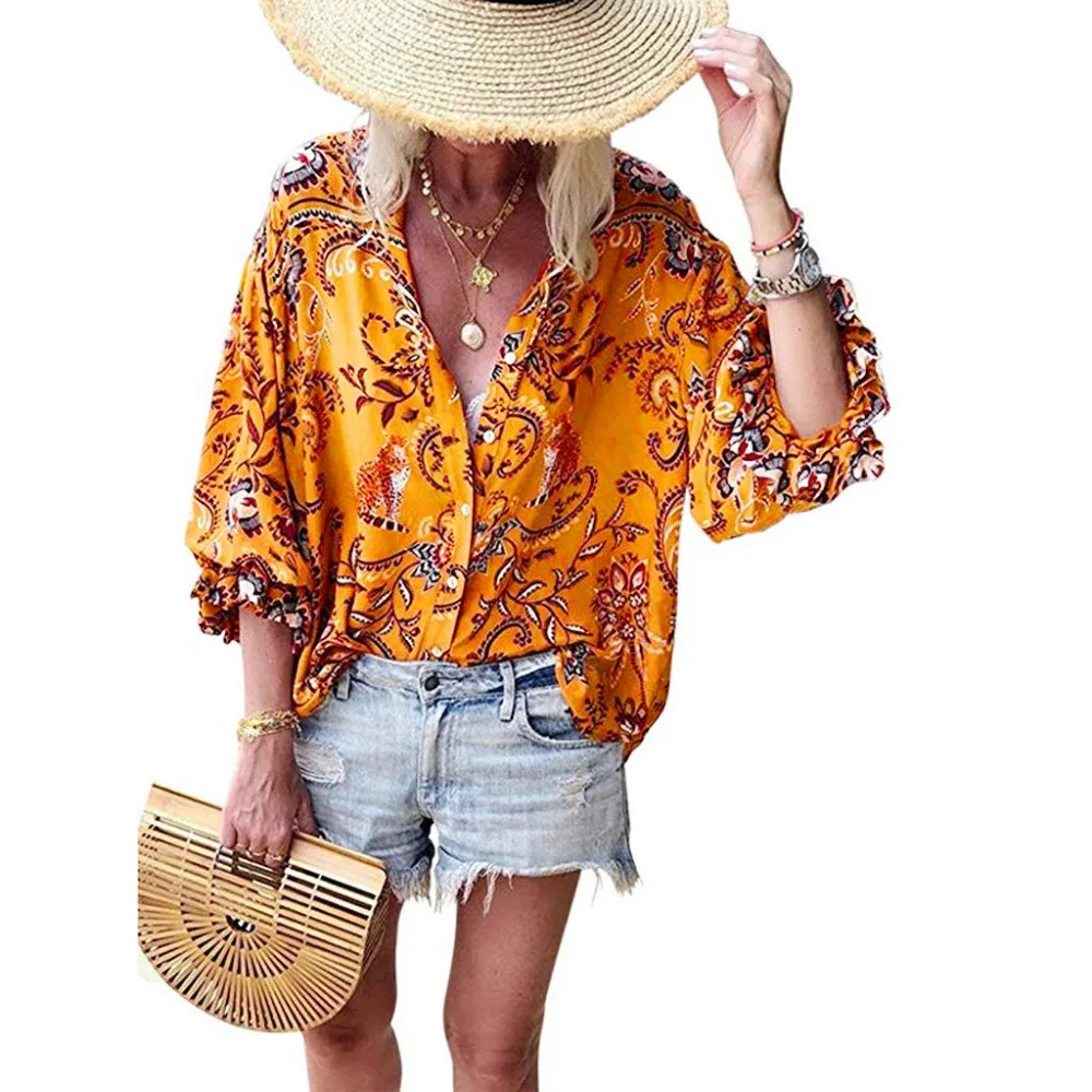 2019 Women's casual printed button lotus leaf sleeve shirt top and blouses summer sexy blouses women beach pretty blouses 40J12 (7)