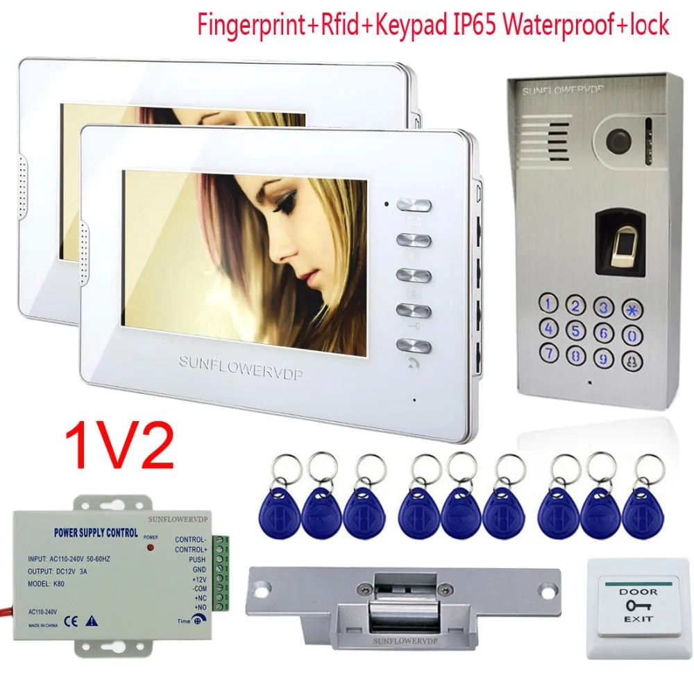 

New Fingerprint Videophone House 2 Apartments IP65 Waterproof Rfid Card Video Intercoms With Electric Strike Door Lock 1v2