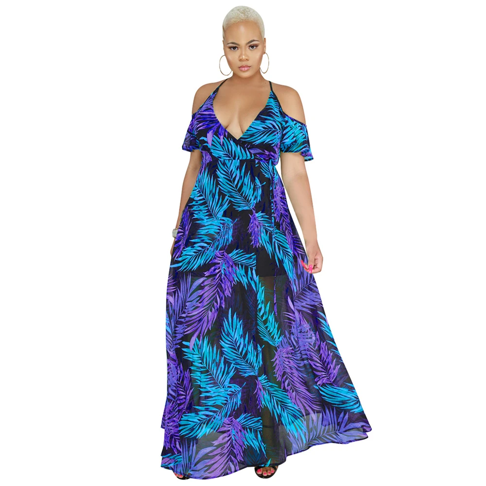 Short Sleeve Dress Tropical Beach Vintage Maxi Dresses Boho Casual V ...