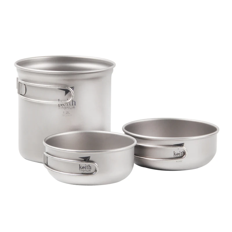 

Keith 3Pcs Titanium Bowls Pot Set With Folding Handle Cook Sets Titanium Pot Set Camping Hiking Picnic Cookware Utensils Ti6052