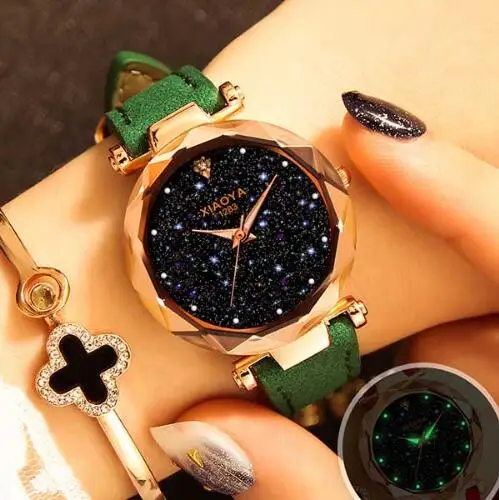 Ladies Watch New Casual Fashion Quartz Watch Starry Sky Multicolor Leather Wristwatch Simple Designer Women Clock Orologio - Цвет: green