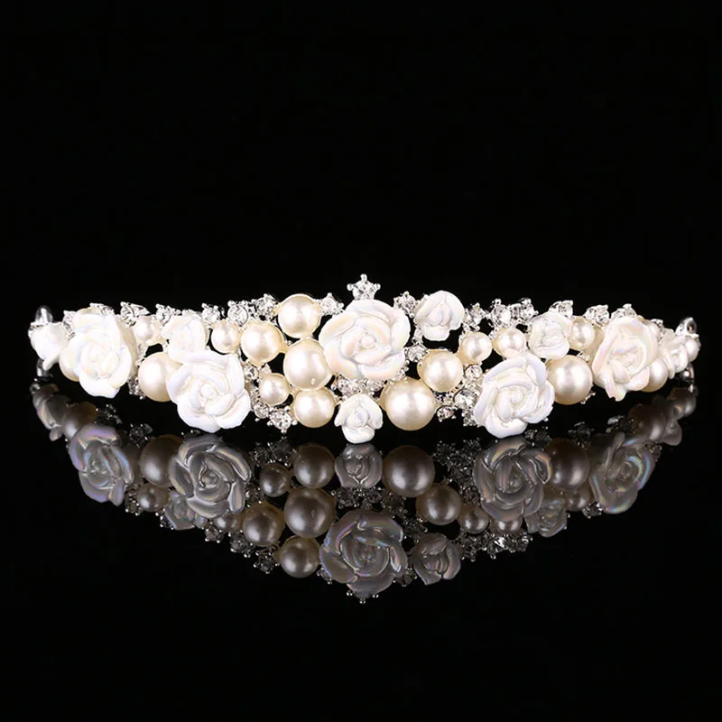 

FORSEVEN Pearl Crystal Bride Tiaras and Crown Headdress Hair Jewelry Ceramic Flowers Headband Women Wedding Hair Accessories JL