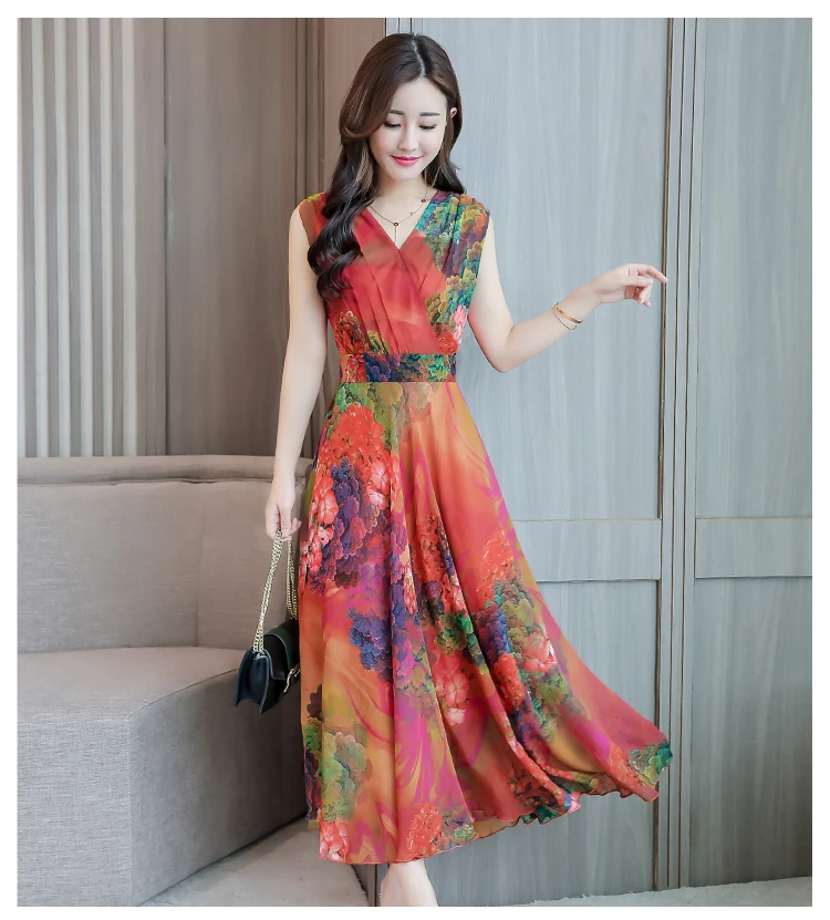 

Summer Dress Women Elegant Coral Print Beach Dress Ladies Sexy V-Neck Slim Long maxi Party Dress Female Vestido de mujer 1572