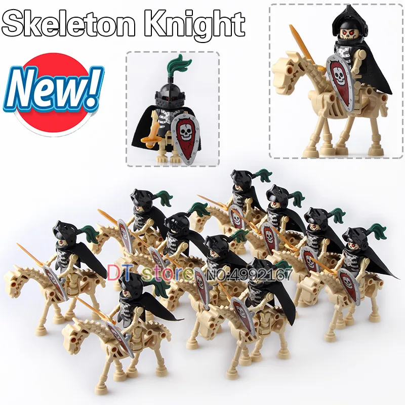 

10Pcs/Lot Medieval Castle Army Human Skeleton Knight with weapons Action Legoed Figures Building Blocks Toys For Children AX9815