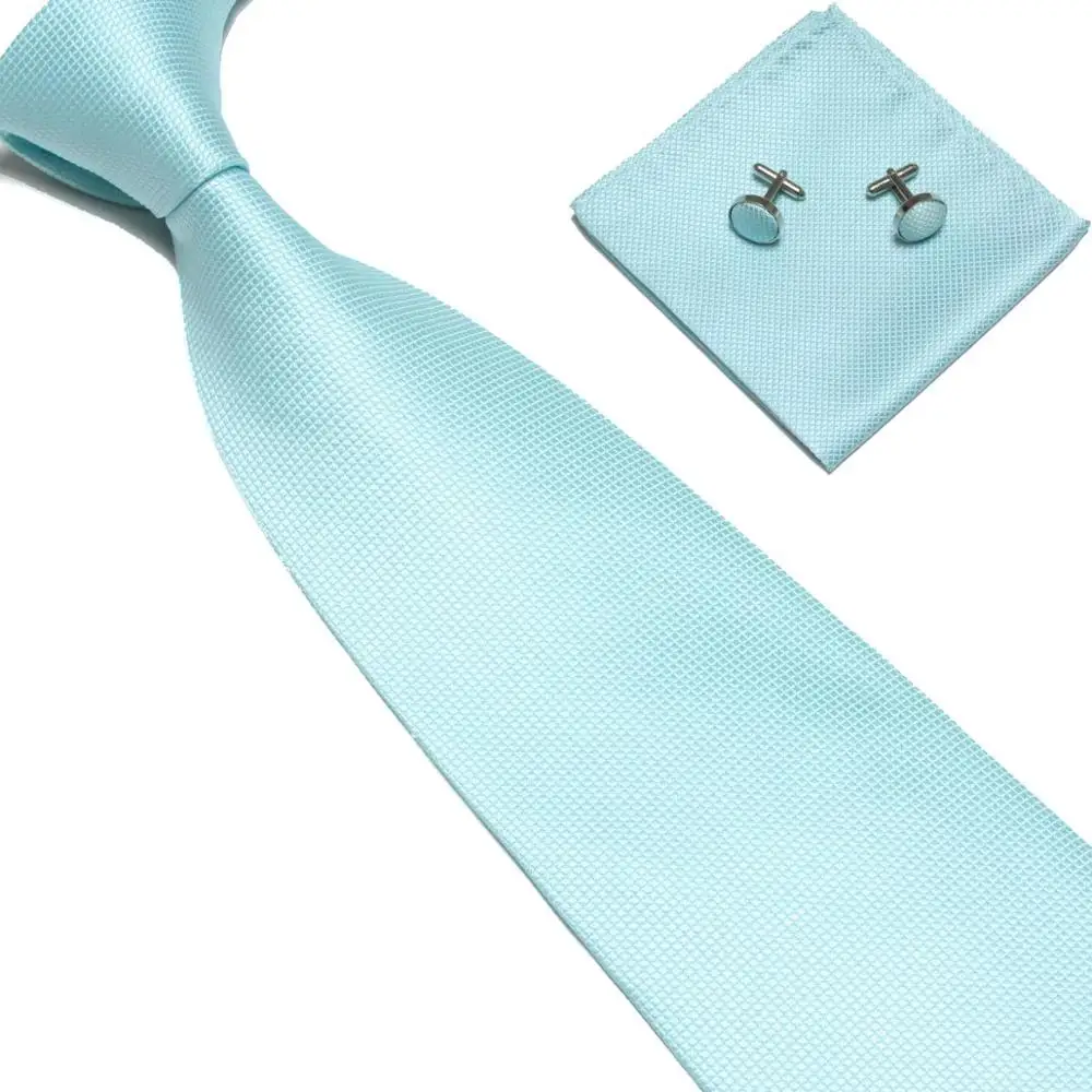 HOOYI дешевый полиэстер мужской набор галстуков галстук носовой платок запонки - Цвет: Небесно-голубой