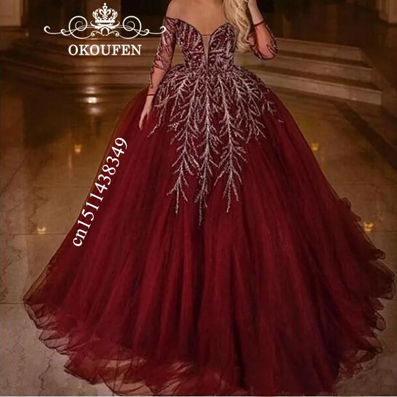 Роскошное Пышное Платье с длинными рукавами, украшенное бусинами, милое бальное платье с открытыми плечами 16, платье для выпускного вечера, Vestidos De 15 Anos - Цвет: Burgundy