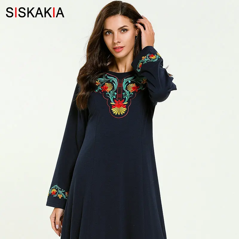 Navy blue dress Siskakia элегантное женское Макси длинное платье темно-синее Этническая Вышивка повседневные мусульманские платья круглый вырез длинный рукав драпированные качели - Цвет: Navy blue dress