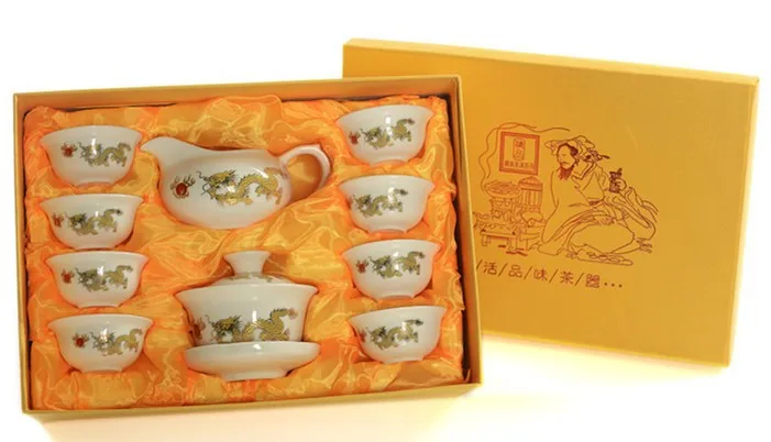 CJ242 Высококачественный золотой дракон молочно-белый нефрит Фарфор керамический чайный набор кунг-фу чашка костяной фарфор посуда подарочная упаковка