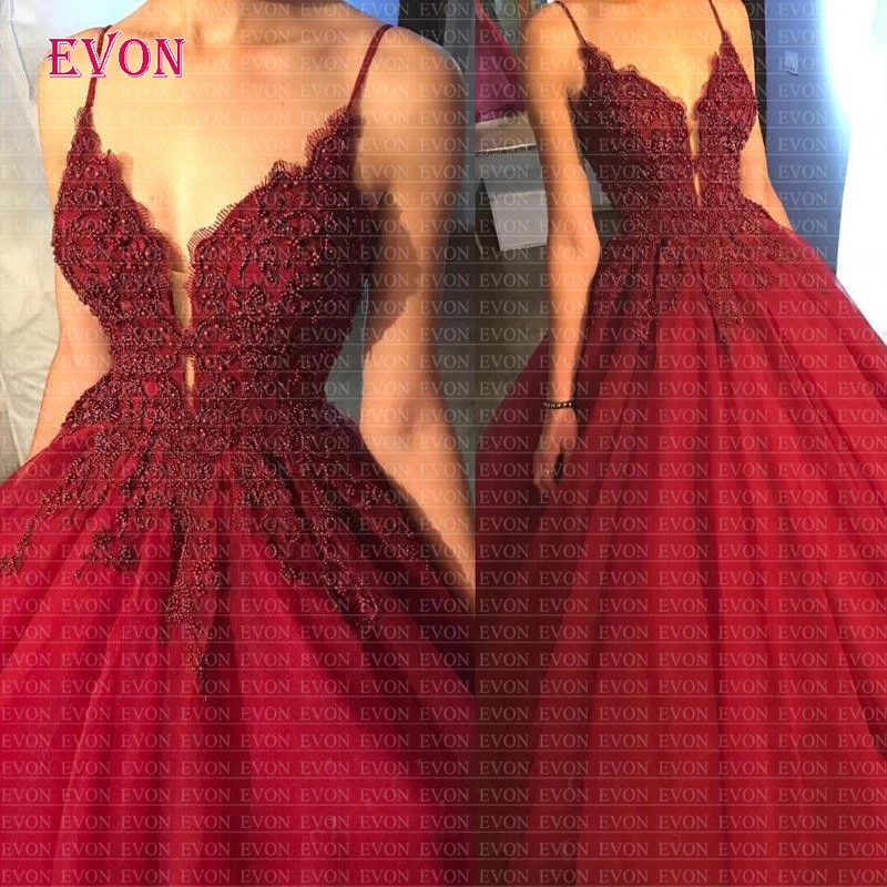 Robe de soiree Sexy Spaghetti Strap Ball Gown Evening Dress Hot Burgundy Lace Up Back Vestido de festa longo Prom Gown