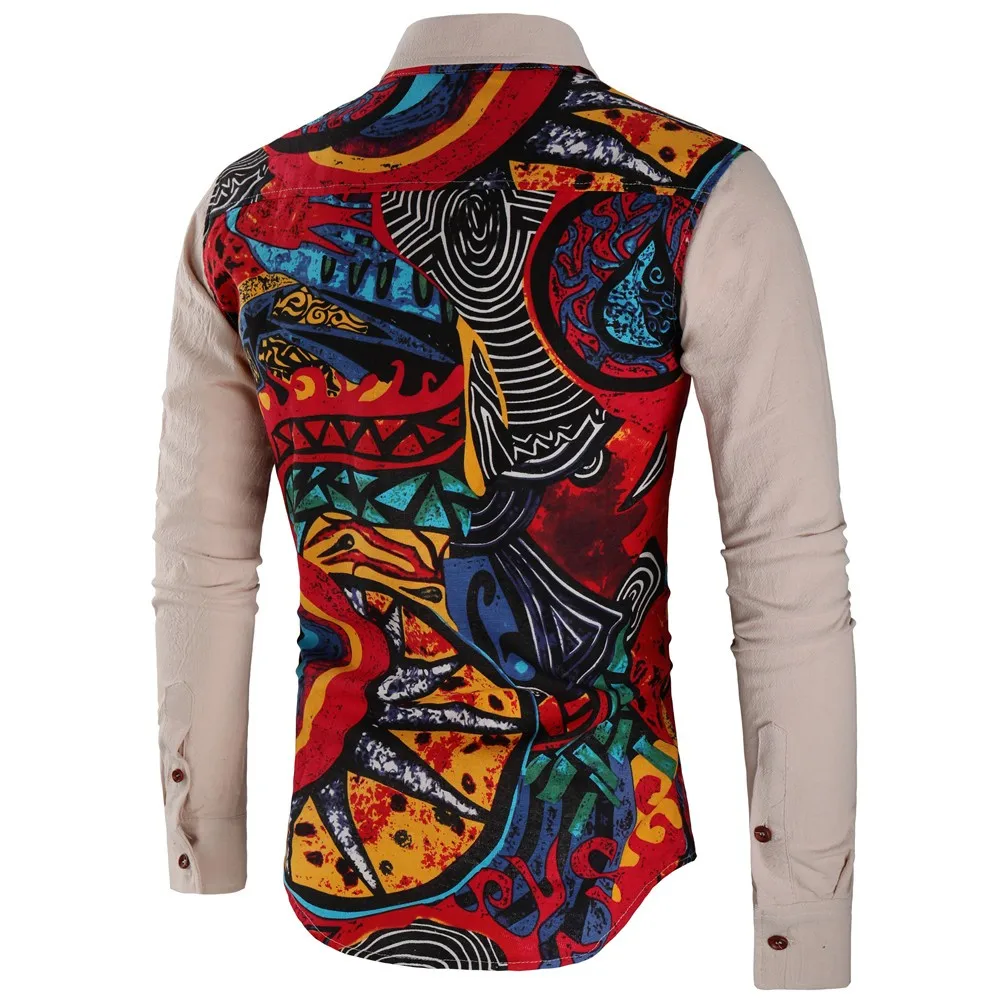 Весенняя рубашка в этническом стиле для мужчин; повседневные рубашки с длинными рукавами и принтом; приталенная мужская одежда; коллекция года; Гавайское платье; блузка