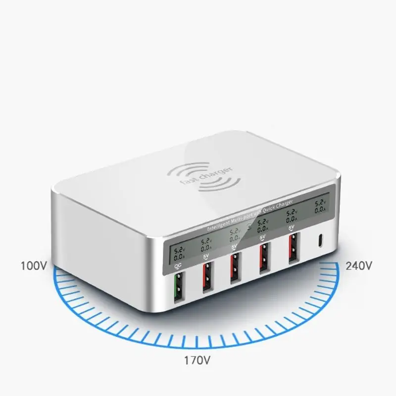 7-в-1 Тип C USB QC 3,0 Быстрая Зарядка Qi Беспроводной Зарядное устройство с ЖК-дисплей Напряжение ток Дисплей для iPhone samsung huawei телефон планшет