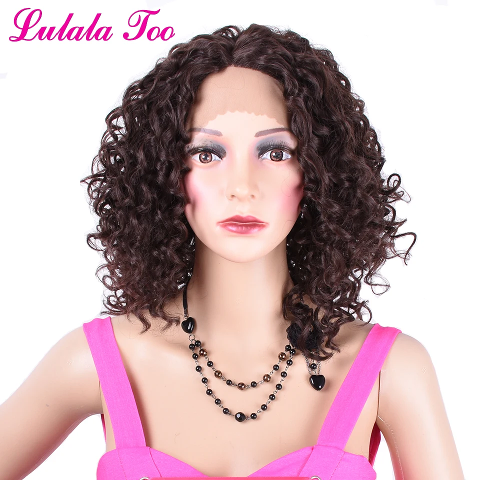 

Short Bob Curly Colored Light Brown Wig Synthetic Hair Lace Front For Black Women Jerry Curl 14Inch Brunette Wig