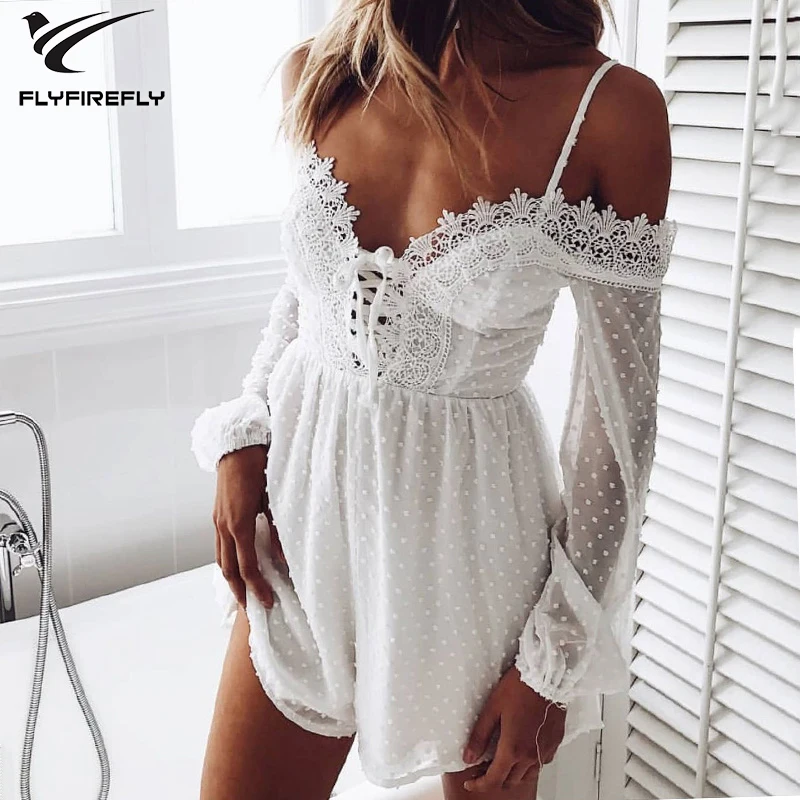 

Sexy white lace elegant jumpsuit romper Dot chiffon party lace up playsuit women romper summer short casual overalls 2019