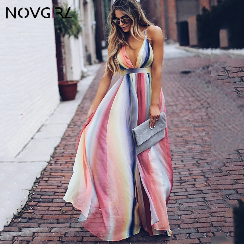 Novgirl Полосатое цветное пляжное платье макси для женщин Лето 2019 сексуальное