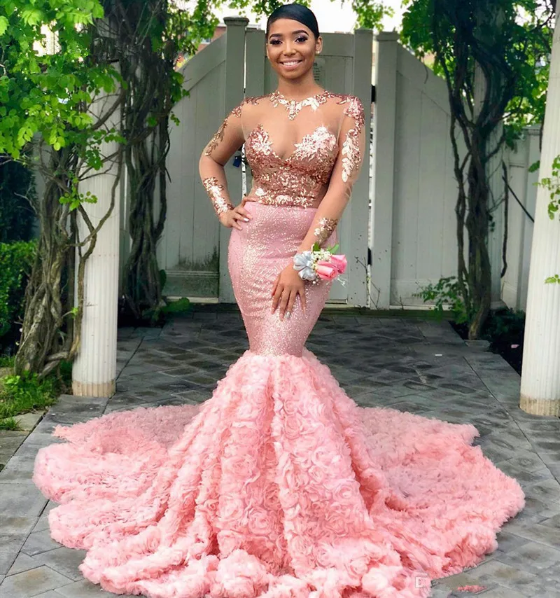 

Sparkly Sexy Pink Prom Dress 2019 Mermaid Long Sleeves Black Girl Sequin Lace 3D Flower African Formal Evening Party Gown