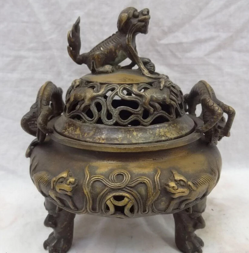 

song voge gem S4848 8" Tibet Bronze Wealth Dragon Lion Unicorn Head Statue Incense Burner Censer