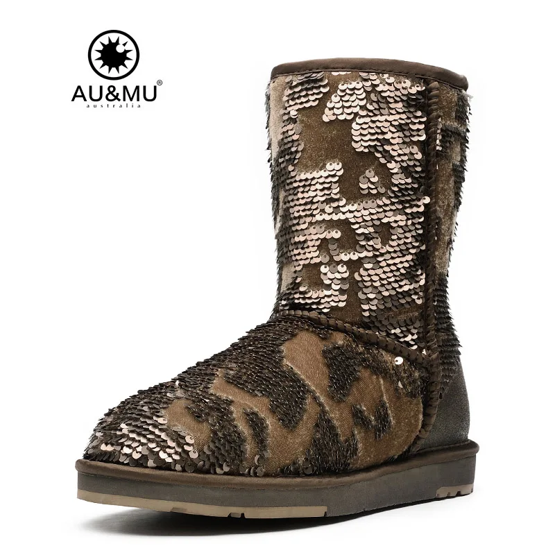 

2017 AUMU Australia Sequins Sparkle Slip-on Thick Platform Round Toe Rubber Soles Snow Winter Boots UG N367
