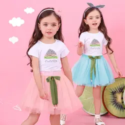 Платья для девочек детская одежда футболка с короткими рукавами и принтом + Цветочная вуаль, платье комплект одежды из 2 предметов, детское