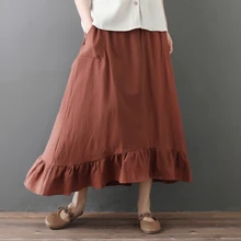 Винтажные летние хлопковые льняные юбки женские карманы оборки длинные юбки повседневные эластичные с высокой талией свободные миди юбки jupe femme