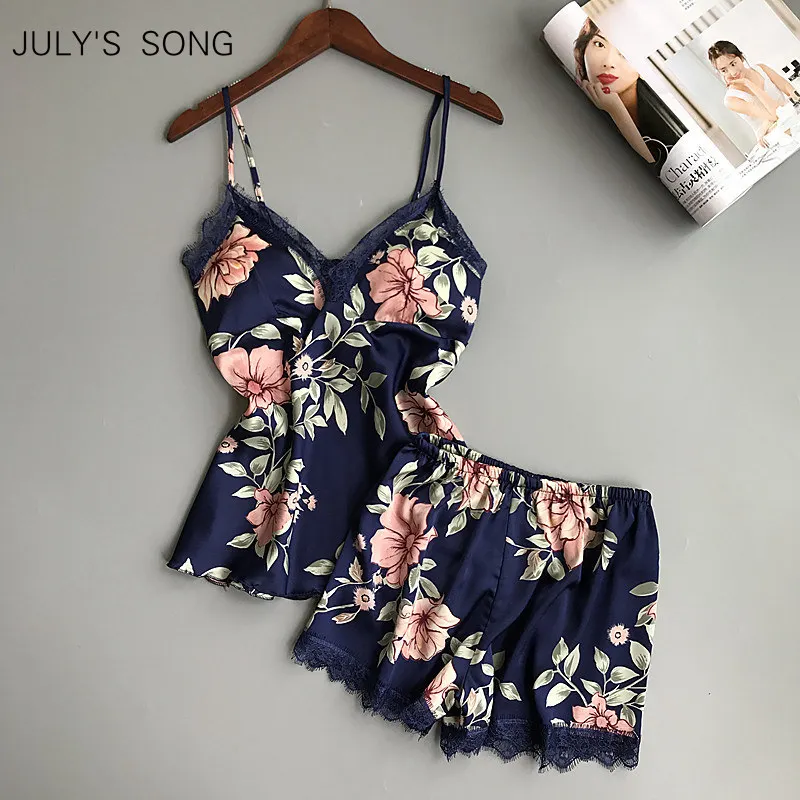 

JULY'S SONG Women Pajamas Set Sexy Lace Sleepwear Summer Autumn Flower Pajama For Women Sleeveless Top and Shorts With Chest Pad