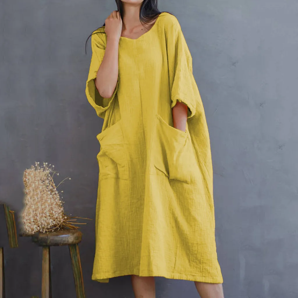

Modern Lady Casual Women Solid Half Sleeve Two Big Pockets Cotton And Linen Loose Casual Casual Loose Solid Dress