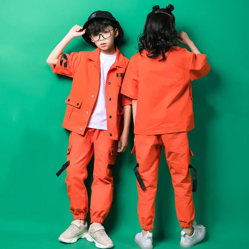 Three-piece Suit Hip Hop Clothing Kids Orange Coat Long Sleeve T-Shirt Clothes Boys Girls Jazz Street Dance Costumes Clothes (9)