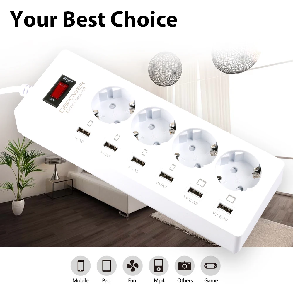 

DBPOWER 4 AC Power Sockets & 6 USB Power Strip Surge Protected Extension Lead Outlets USB Charging Adapter 1.8M Cable EU Plug