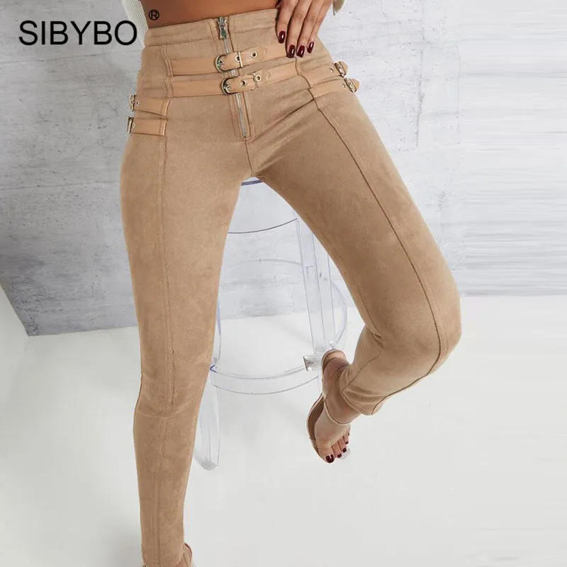 SIBYBO Suede Skinny High Waist Casual Women Pants Fashion Belt Buckle Pencil Pants Women Spring Black Sexy Trousers Women 2020 SIBYBO Suede Skinny High Waist Casual Women Pants Fashion Belt Buckle Pencil Pants Women Spring Black Sexy Trousers Women 2020