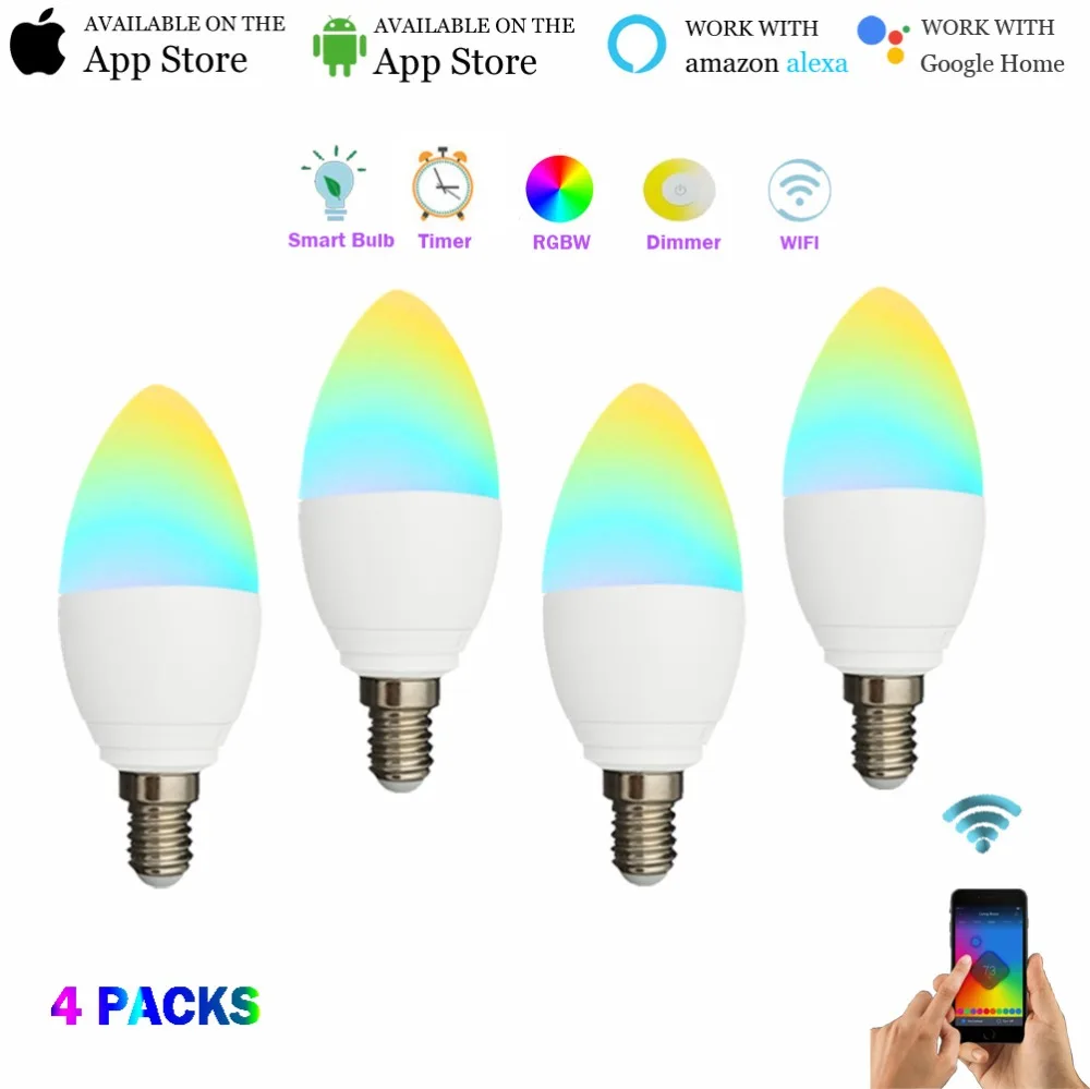

Smart LED Bulb E14,Smart Candle Light,Candle Lamp Dimmable,Work with Alexa Google Home,Wifi APP Control Smart Light(4 pack )