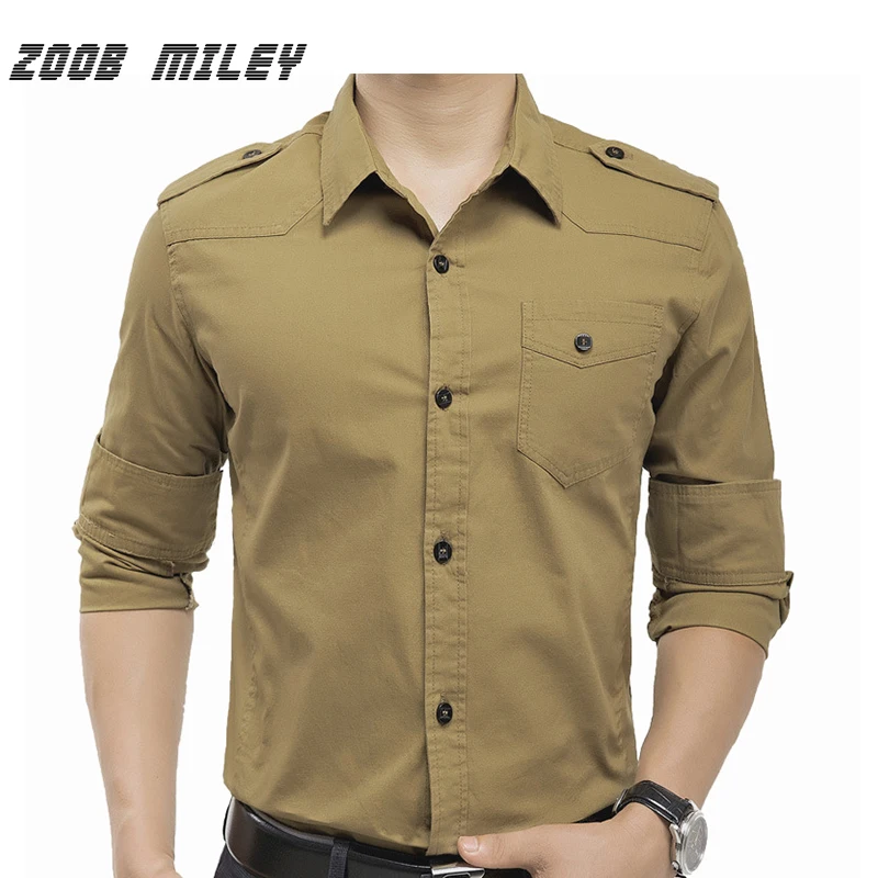 Vente ZOOB MILEY Militaire Cargo de Style Hommes Chemises À Manches Longues Grand taille M 3XL 100% Coton Causalité Homme porter Solide Couleur Kaki Armygreen