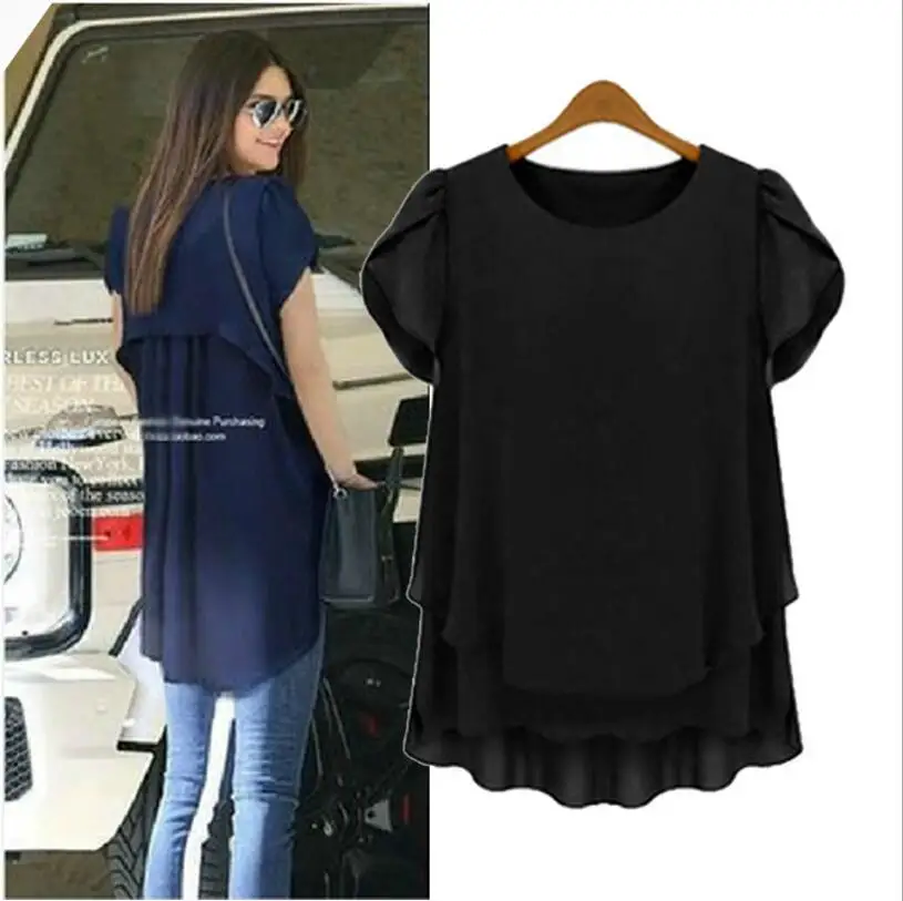 2017 Summer Large Size Women New European Style Fashion Womens Shirt Loose Fake Two Solid Chiffon Tops Casual Plus M-6XL |