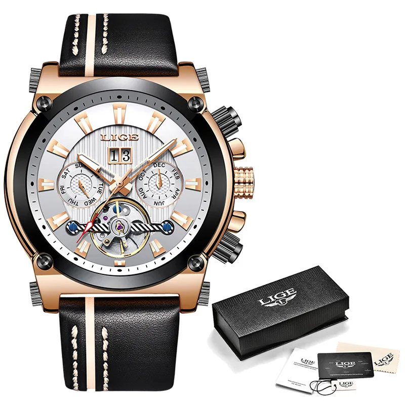 LIGE новые мужские часы лучший бренд класса люкс автоматические механические часы мужские кожаные водонепроницаемые спортивные наручные часы Relogio Masculino - Цвет: Rose Gold White