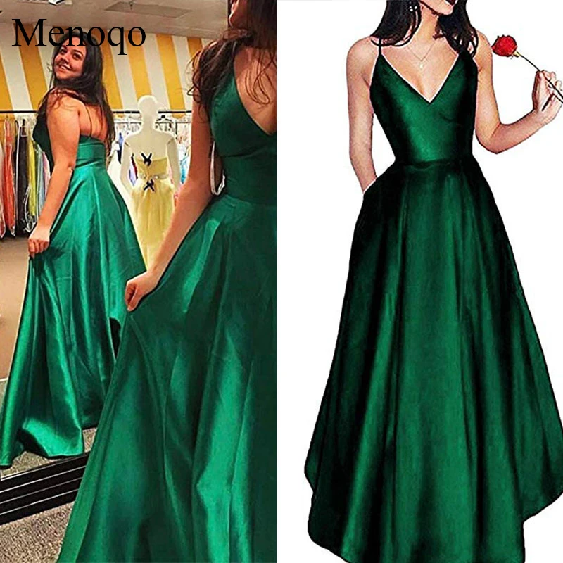 

Menoqo custom made floor length satin v neck evening dress with spaghetti strap