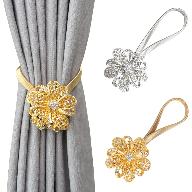 

1 Pair Crystal Diamond Flower Curtain Clips Tieback Magnetic Elastic Drapery Holdbacks for Window Sheer and Blackout Decoration