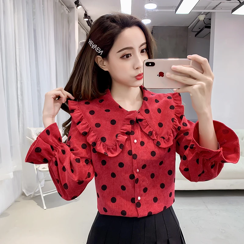 

spring fall Women's Clothing sweet style Blouses peter pan collar polka dot tops fashion oversize corduroy woman shirts new