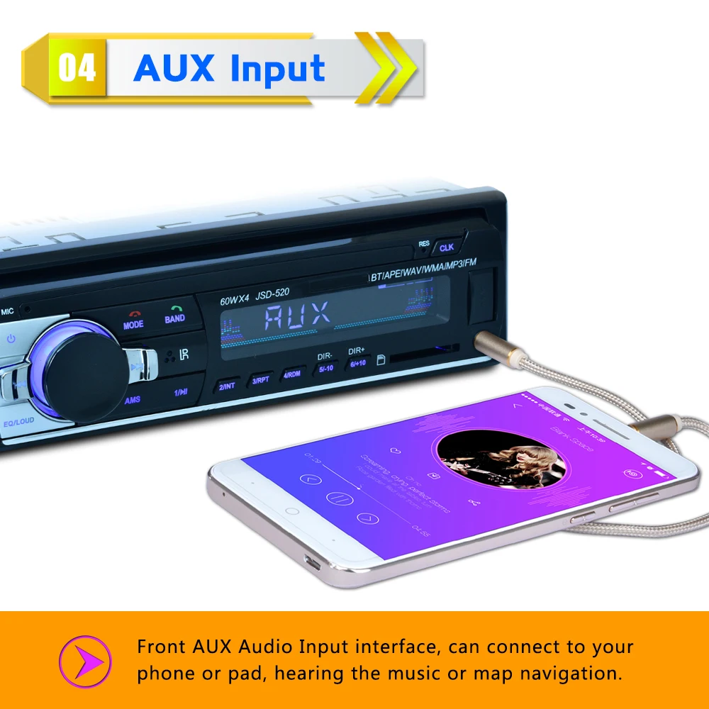 JSD-520A long Car Bluetooth MP3 player support hands free BT Call bluetooth music playback AUX Input 4 Ways Speaker Output